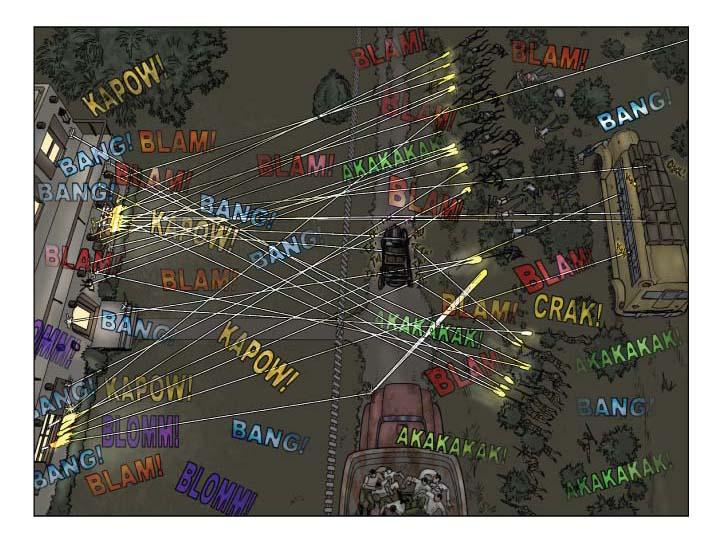   PANEL THREE (lower half of page)


    Aerial shot from above and behind the jalopy. Gunfire is being 
directed at it from every imaginable direction, as the previously 
hidden Gurkhas, Morrison's Nazis, the aircrew, and the Rangers inside 
the house return what they all mistakenly believed were shots.

    Bullets are striking everywhere, thumping into the bus, breaking 
its windows, hitting Bettie's house and windows, too. Sending up 
spurts of dust everywhere they hit dirt, and bouncing off the 
hovertruck. Happily, Amber-Rose, Horace, and Father Wojtila seem to be 
out of the line of fire.


SFX (variety of bangs and ricochets)
  