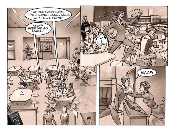 Strip 22 

Panel 1
Large panel, establishing shot of the café interior. We would be looking past the backs of Guy and Fiorella’s heads, perhaps at a slightly elevated angle. Six or eight tables, half of which have diners seated. Most of them ignore the two newcomers. To one side, a swinging door leading to the kitchen. To the other side, a glass door marked 'Water Bros. Office.' Near the center-rear, a cashier’s desk next to another glass door marked 'Rooms.' ( I recommend making this panel take up the left half of the strip, top-to-bottom, then stack the next two panels on the right side.)

Guy: *sigh* Here we go again…

Panel 2
Guy attempts another 'glide-walk' across the room to the cashier’s desk. He waves his arms awkwardly and bumps his toes against the ground, moving past the seated diners, who glance at him with some amusement.

Panel 3
Reaching the cashier’s desk, he has too much momentum. The cashier wordlessly holds out her palm across the desk to stop him. (Note: The cashier’s desk is counter-top high and its top has raised sides (about 8cm) around all the edges except for a meter-wide space where the cashier stands.)

Guy:  Hoof!
  